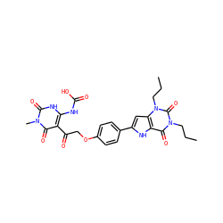 CCCn1c(=O)c2[nH]c(-c3ccc(OCC(=O)c4c(NC(=O)O)[nH]c(=O)n(C)c4=O)cc3)cc2n(CCC)c1=O ZINC000028567048