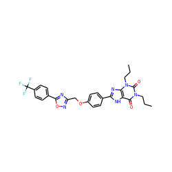 CCCn1c(=O)c2[nH]c(-c3ccc(OCc4noc(-c5ccc(C(F)(F)F)cc5)n4)cc3)nc2n(CCC)c1=O ZINC000028130893