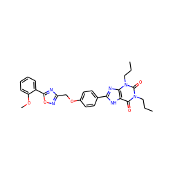 CCCn1c(=O)c2[nH]c(-c3ccc(OCc4noc(-c5ccccc5OC)n4)cc3)nc2n(CCC)c1=O ZINC000028130291