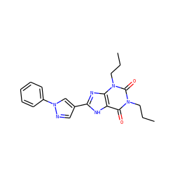 CCCn1c(=O)c2[nH]c(-c3cnn(-c4ccccc4)c3)nc2n(CCC)c1=O ZINC000034660325