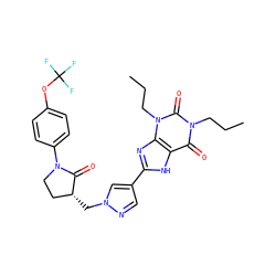 CCCn1c(=O)c2[nH]c(-c3cnn(C[C@@H]4CCN(c5ccc(OC(F)(F)F)cc5)C4=O)c3)nc2n(CCC)c1=O ZINC000115141134