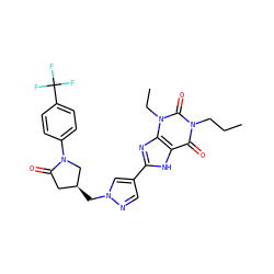 CCCn1c(=O)c2[nH]c(-c3cnn(C[C@H]4CC(=O)N(c5ccc(C(F)(F)F)cc5)C4)c3)nc2n(CC)c1=O ZINC000149247050