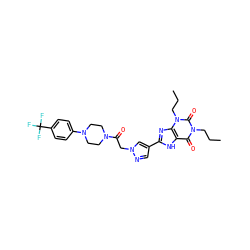 CCCn1c(=O)c2[nH]c(-c3cnn(CC(=O)N4CCN(c5ccc(C(F)(F)F)cc5)CC4)c3)nc2n(CCC)c1=O ZINC000115142156