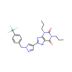 CCCn1c(=O)c2[nH]c(-c3cnn(Cc4ccc(C(F)(F)F)cc4)c3)nc2n(CCC)c1=O ZINC000034662430
