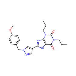 CCCn1c(=O)c2[nH]c(-c3cnn(Cc4ccc(OC)cc4)c3)nc2n(CCC)c1=O ZINC000035969456