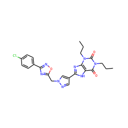 CCCn1c(=O)c2[nH]c(-c3cnn(Cc4nc(-c5ccc(Cl)cc5)no4)c3)nc2n(CCC)c1=O ZINC000003838251