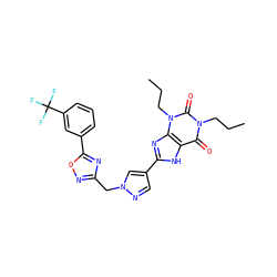 CCCn1c(=O)c2[nH]c(-c3cnn(Cc4noc(-c5cccc(C(F)(F)F)c5)n4)c3)nc2n(CCC)c1=O ZINC000028566929