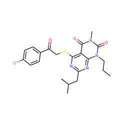 CCCn1c(=O)n(C)c(=O)c2c(SCC(=O)c3ccc(Cl)cc3)nc(CC(C)C)nc21 ZINC000014077623