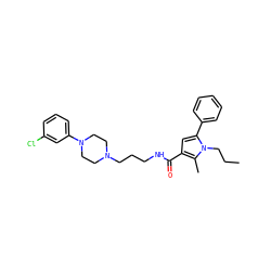 CCCn1c(-c2ccccc2)cc(C(=O)NCCCN2CCN(c3cccc(Cl)c3)CC2)c1C ZINC000049034232