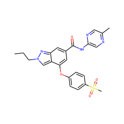 CCCn1cc2c(Oc3ccc(S(C)(=O)=O)cc3)cc(C(=O)Nc3cnc(C)cn3)cc2n1 ZINC000095560698