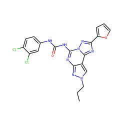 CCCn1cc2c(nc(NC(=O)Nc3ccc(Cl)c(Cl)c3)n3nc(-c4ccco4)nc23)n1 ZINC000013472348