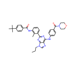CCCn1cnc2c(Nc3ccc(C(=O)N4CCOCC4)cc3)nc(-c3cccc(NC(=O)c4ccc(C(C)(C)C)cc4)c3C)nc21 ZINC000169341155