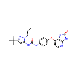 CCCn1nc(C(C)(C)C)cc1NC(=O)Nc1ccc(Oc2ccnc3[nH]c(=O)[nH]c23)cc1 ZINC000049068369