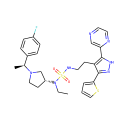CCN([C@@H]1CCN([C@@H](C)c2ccc(F)cc2)C1)S(=O)(=O)NCCc1c(-c2cccs2)n[nH]c1-c1cnccn1 ZINC000072174359
