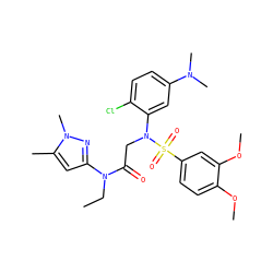 CCN(C(=O)CN(c1cc(N(C)C)ccc1Cl)S(=O)(=O)c1ccc(OC)c(OC)c1)c1cc(C)n(C)n1 ZINC000049881862