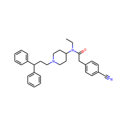 CCN(C(=O)Cc1ccc(C#N)cc1)C1CCN(CCC(c2ccccc2)c2ccccc2)CC1 ZINC000028347207