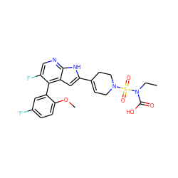 CCN(C(=O)O)S(=O)(=O)N1CC=C(c2cc3c(-c4cc(F)ccc4OC)c(F)cnc3[nH]2)CC1 ZINC000226052421