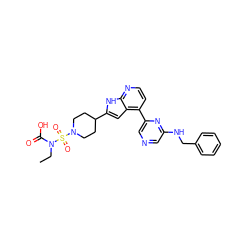 CCN(C(=O)O)S(=O)(=O)N1CCC(c2cc3c(-c4cncc(NCc5ccccc5)n4)ccnc3[nH]2)CC1 ZINC000226051722