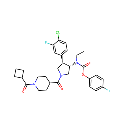 CCN(C(=O)Oc1ccc(F)cc1)[C@@H]1CN(C(=O)C2CCN(C(=O)C3CCC3)CC2)C[C@H]1c1ccc(Cl)c(F)c1 ZINC000117723493