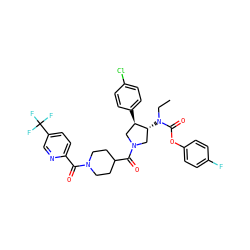 CCN(C(=O)Oc1ccc(F)cc1)[C@@H]1CN(C(=O)C2CCN(C(=O)c3ccc(C(F)(F)F)cn3)CC2)C[C@H]1c1ccc(Cl)cc1 ZINC000163888815