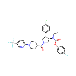 CCN(C(=O)Oc1ccc(F)cc1)[C@H]1CN(C(=O)C2CCN(c3ccc(C(F)(F)F)cn3)CC2)C[C@@H]1c1ccc(Cl)cc1 ZINC000117712661