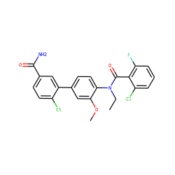 CCN(C(=O)c1c(F)cccc1Cl)c1ccc(-c2cc(C(N)=O)ccc2Cl)cc1OC ZINC000221939413