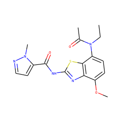 CCN(C(C)=O)c1ccc(OC)c2nc(NC(=O)c3ccnn3C)sc12 ZINC000053276549