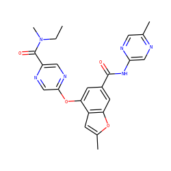 CCN(C)C(=O)c1cnc(Oc2cc(C(=O)Nc3cnc(C)cn3)cc3oc(C)cc23)cn1 ZINC000068246558
