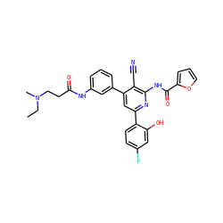 CCN(C)CCC(=O)Nc1cccc(-c2cc(-c3ccc(F)cc3O)nc(NC(=O)c3ccco3)c2C#N)c1 ZINC000053226573
