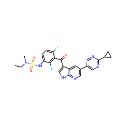 CCN(C)S(=O)(=O)Nc1ccc(F)c(C(=O)c2c[nH]c3ncc(-c4cnc(C5CC5)nc4)cc23)c1F ZINC000144822687