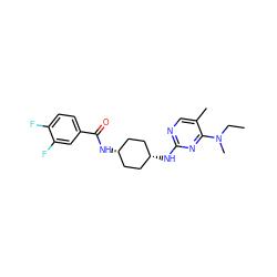 CCN(C)c1nc(N[C@H]2CC[C@@H](NC(=O)c3ccc(F)c(F)c3)CC2)ncc1C ZINC000253907886