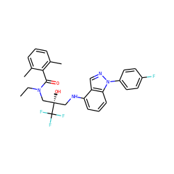 CCN(C[C@@](O)(CNc1cccc2c1cnn2-c1ccc(F)cc1)C(F)(F)F)C(=O)c1c(C)cccc1C ZINC000043012028