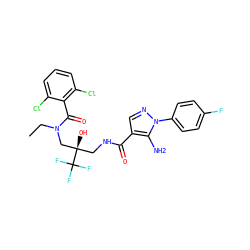 CCN(C[C@](O)(CNC(=O)c1cnn(-c2ccc(F)cc2)c1N)C(F)(F)F)C(=O)c1c(Cl)cccc1Cl ZINC000044359334