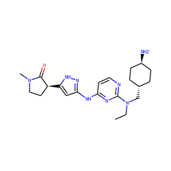 CCN(C[C@H]1CC[C@H](N)CC1)c1nccc(Nc2cc([C@H]3CCN(C)C3=O)[nH]n2)n1 ZINC000473095762