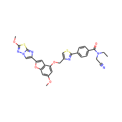 CCN(CC#N)C(=O)c1ccc(-c2nc(COc3cc(OC)cc4oc(-c5cn6nc(OC)sc6n5)cc34)cs2)cc1 ZINC000653685712