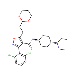 CCN(CC)[C@H]1CC[C@H](NC(=O)c2c(-c3c(Cl)cccc3Cl)noc2CCC2OCCCO2)CC1 ZINC000261164852