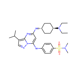 CCN(CC)[C@H]1CC[C@H](Nc2cc(Nc3ccc(S(=O)(=O)N(C)C)cc3)n3ncc(C(C)C)c3n2)CC1 ZINC000253637550