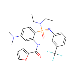 CCN(CC)[P@](=O)(Nc1cccc(C(F)(F)F)c1)c1ccc(N(C)C)cc1NC(=O)c1ccco1 ZINC000003190529