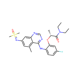 CCN(CC)C(=O)[C@@H](C)Oc1cc(F)ccc1Nc1ncnc2cc(N=S(C)(C)=O)cc(C)c12 ZINC001772615833
