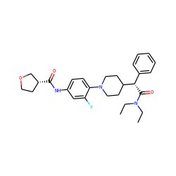 CCN(CC)C(=O)[C@@H](c1ccccc1)C1CCN(c2ccc(NC(=O)[C@@H]3CCOC3)cc2F)CC1 ZINC000103227738