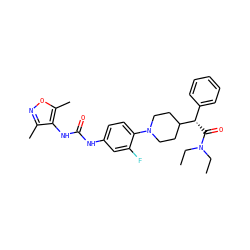 CCN(CC)C(=O)[C@@H](c1ccccc1)C1CCN(c2ccc(NC(=O)Nc3c(C)noc3C)cc2F)CC1 ZINC000096272895