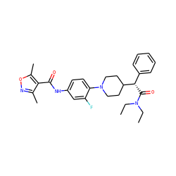 CCN(CC)C(=O)[C@@H](c1ccccc1)C1CCN(c2ccc(NC(=O)c3c(C)noc3C)cc2F)CC1 ZINC000096272897