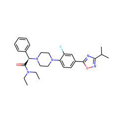 CCN(CC)C(=O)[C@@H](c1ccccc1)N1CCN(c2ccc(-c3nc(C(C)C)no3)cc2F)CC1 ZINC000103226275