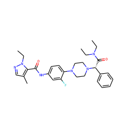 CCN(CC)C(=O)[C@H](c1ccccc1)N1CCN(c2ccc(NC(=O)c3c(C)cnn3CC)cc2F)CC1 ZINC000103227880