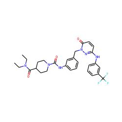 CCN(CC)C(=O)C1CCN(C(=O)Nc2cccc(Cn3nc(Nc4cccc(C(F)(F)F)c4)ccc3=O)c2)CC1 ZINC000096909763