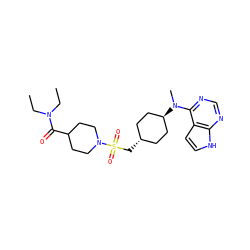 CCN(CC)C(=O)C1CCN(S(=O)(=O)C[C@H]2CC[C@H](N(C)c3ncnc4[nH]ccc34)CC2)CC1 ZINC000261188646