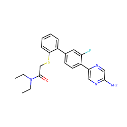 CCN(CC)C(=O)CSc1ccccc1-c1ccc(-c2cnc(N)cn2)c(F)c1 ZINC000224811203