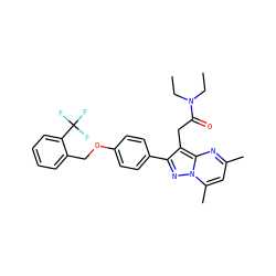 CCN(CC)C(=O)Cc1c(-c2ccc(OCc3ccccc3C(F)(F)F)cc2)nn2c(C)cc(C)nc12 ZINC000299863455