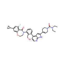 CCN(CC)C(=O)N1CC=C(c2cc3c(-c4cccc(N5CCOc6cc(C7CC7)cc(F)c6C5=O)c4CO)ccnc3[nH]2)CC1 ZINC001772624632