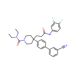 CCN(CC)C(=O)N1CCC(CCC(=O)Nc2ccc(F)c(F)c2)(c2ccc(-c3cccc(C#N)c3)cc2)CC1 ZINC000038157885